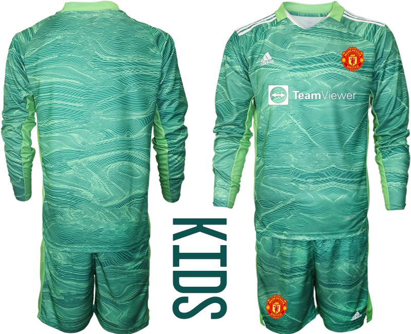 Youth 2021-2022 Club Manchester United green long sleeve goalkeeper blank Soccer Jersey->youth soccer jersey->Youth Jersey